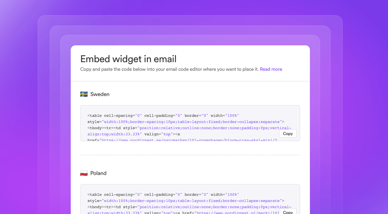 Multi-market email widgets