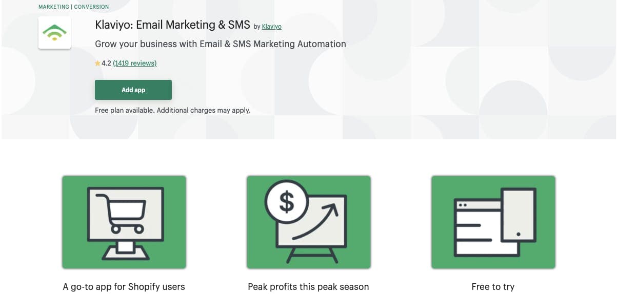 Screenshot of Klaviyo's page on Shopify App store