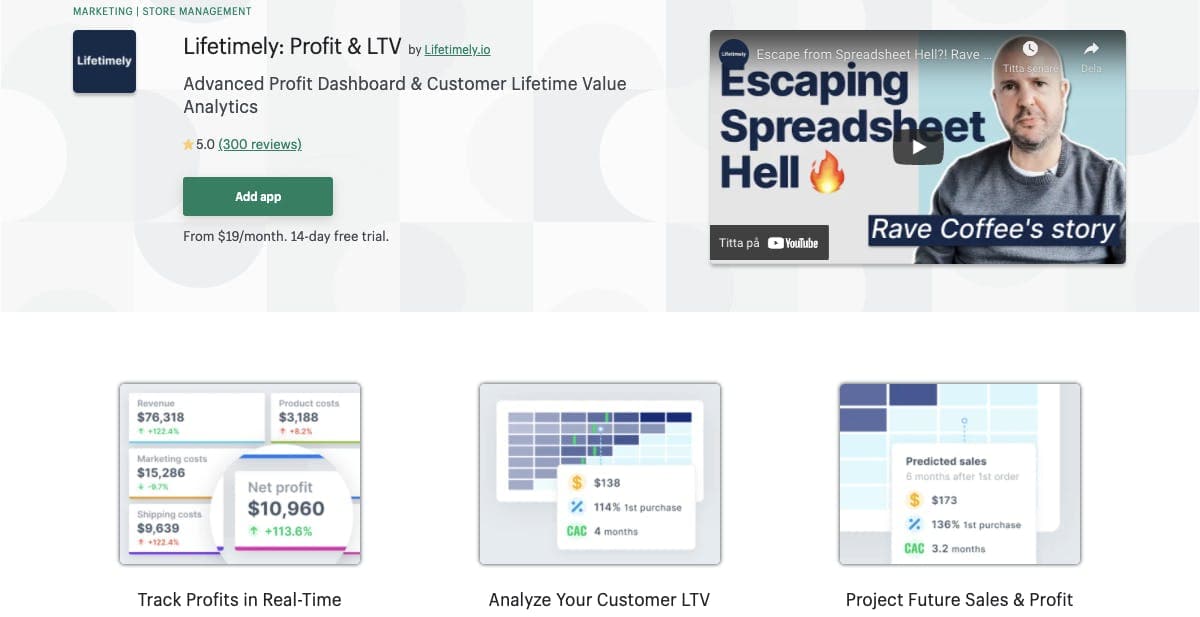 Screenshot of Lifetimely's page on Shopify App store