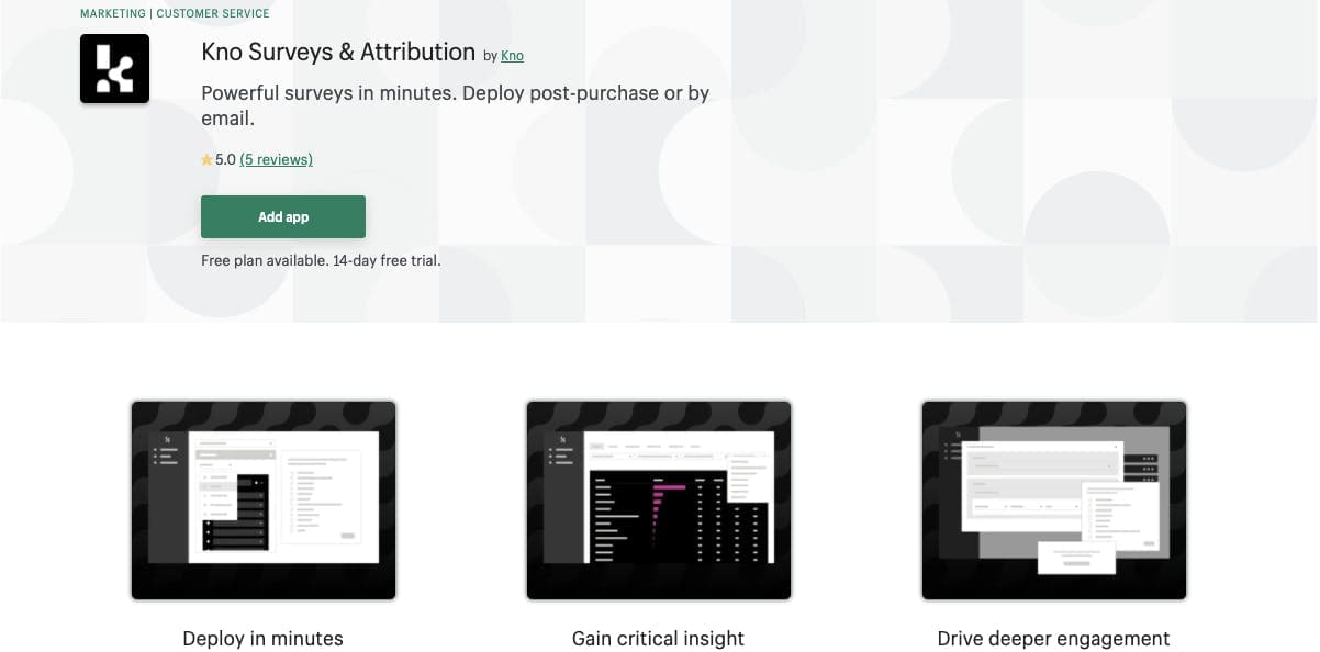 Screenshot of Kno Surveys page on Shopify App store