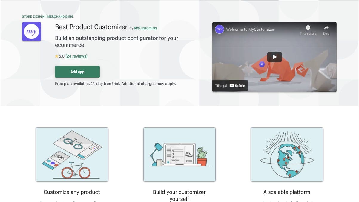 Screenshot of MyCustomizer's page on Shopify App store