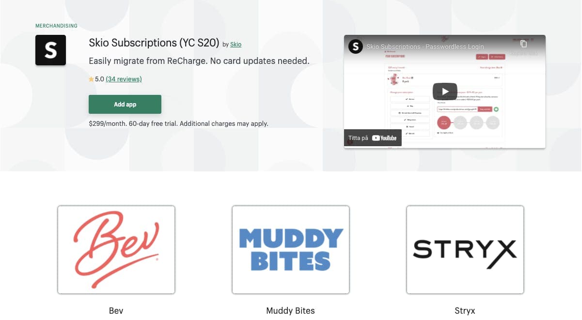 Screenshot of Skio Subscriptions page on Shopify App store