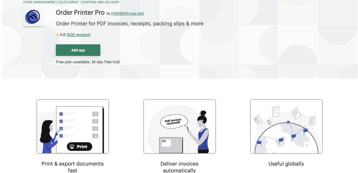 Screenshot of Order Print Pro's page on Shopify App store