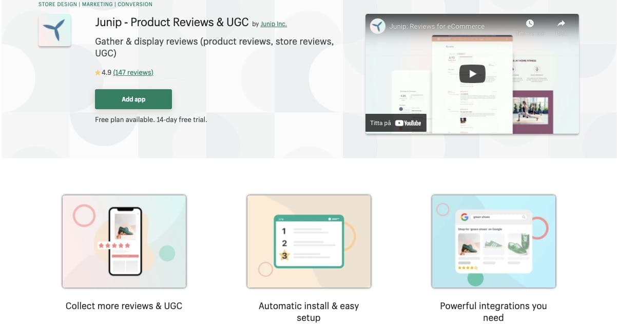 Screenshot of Junip's page on Shopify App store