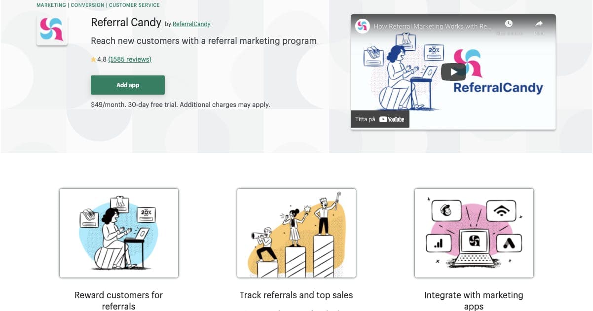 Screenshot of Refferal Candy's page on Shopify App store