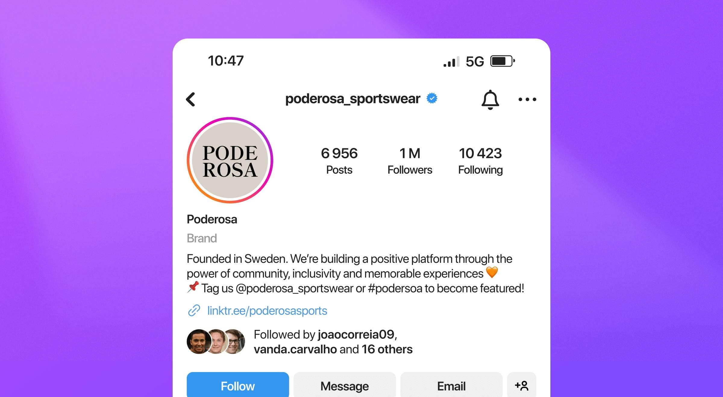 screenshot of instagram bio for poderosa sportswear brand