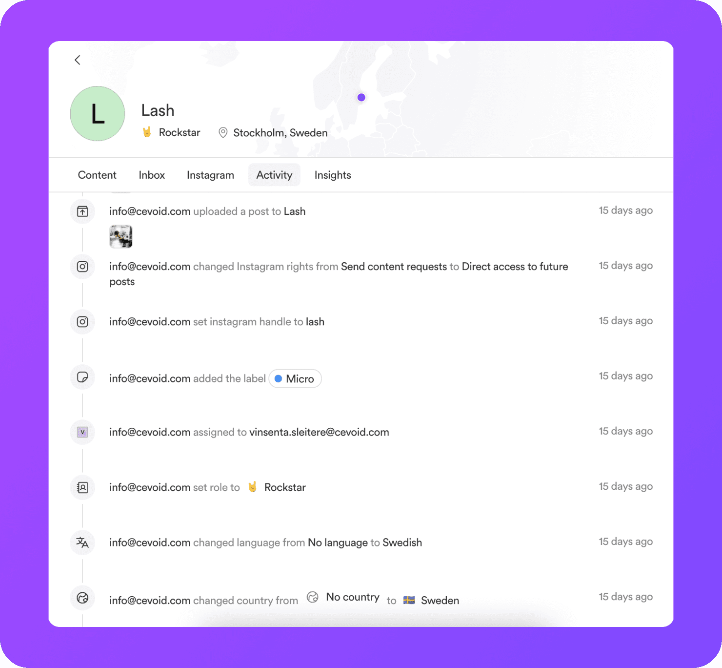 screenshot of a list of activites on cevoid platform