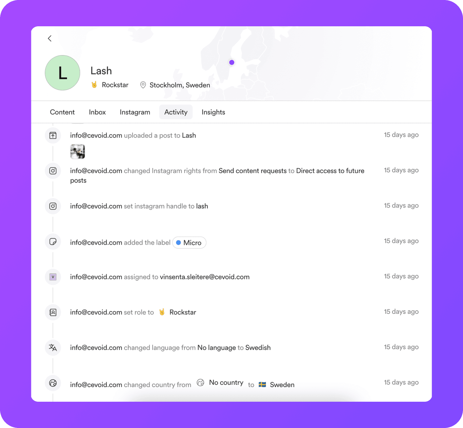 screenshot of a list of activites on cevoid platform