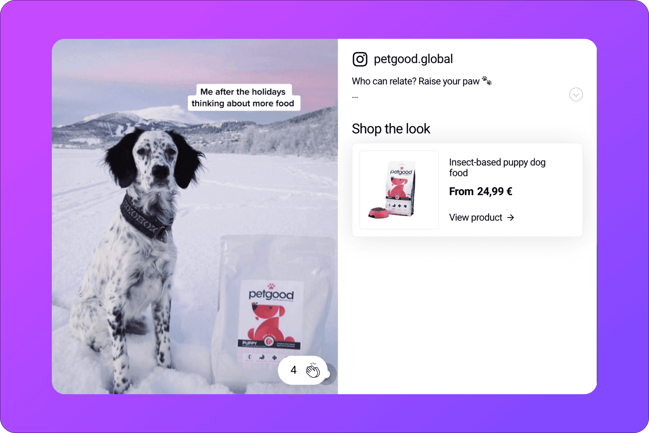 Social proof with a dog in snow with petgood dog food