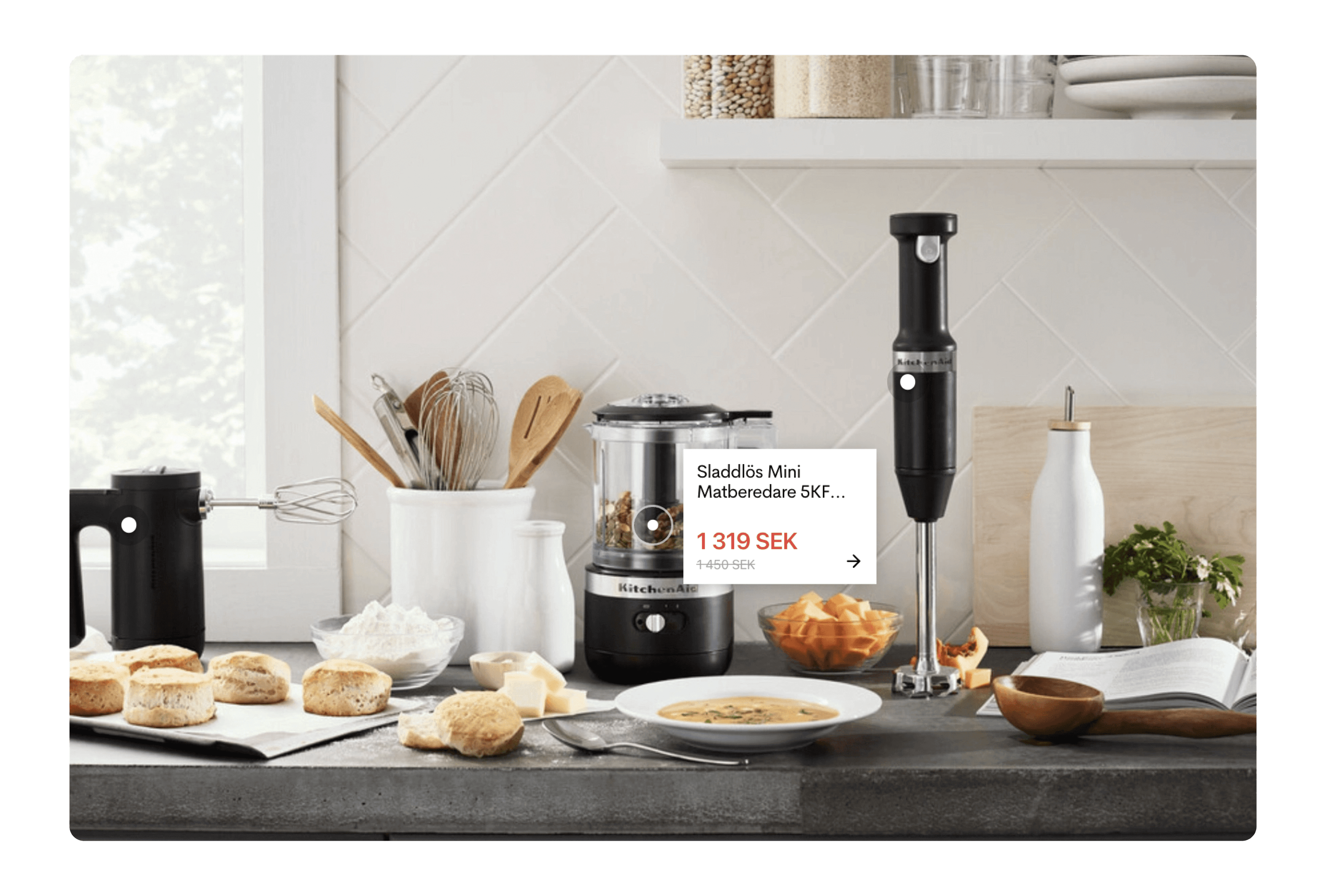 Kitchen utensils and some food